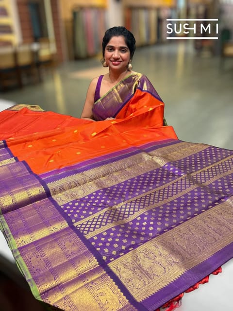 Vibrant Orange Vaira Oosi Vintage Kanjeevaram Saree