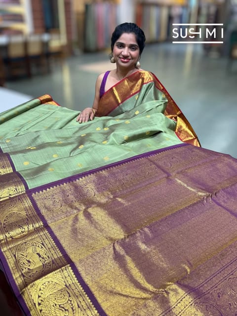 Sage Green Vintage Kanjeevaram Saree with Ganga Jamuna Borders