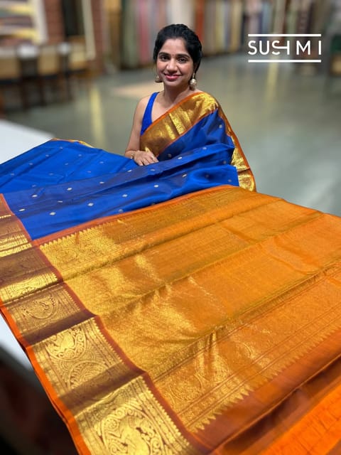 Royal Blue Vintage Kanjeevaram Saree with Rust Orange Border