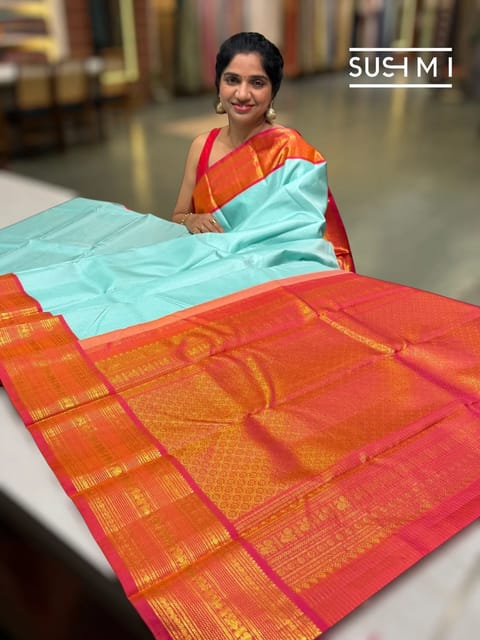 Powder Blue Vintage Checks Kanjeevaram Saree