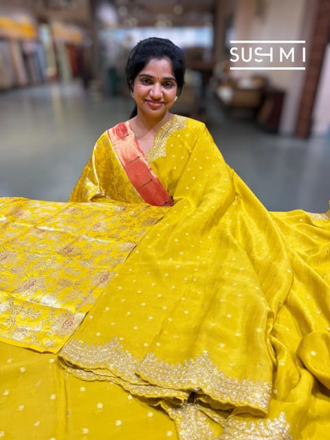 Lemon Yellow Banarasi Chiffon Saree with Polka Zari