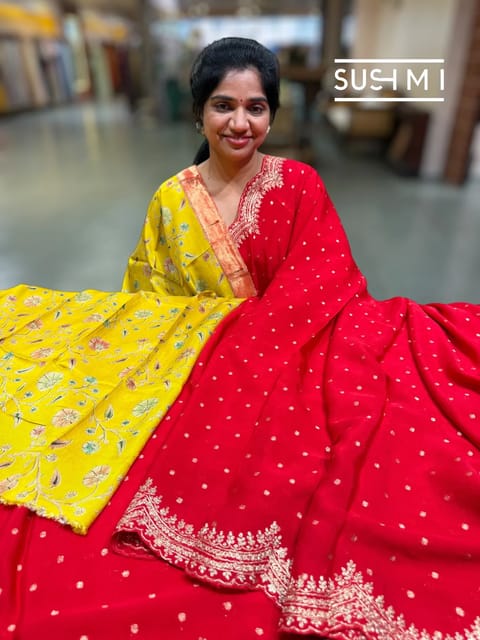 Chilli Red Banarasi Chiffon Saree with Polka Zari