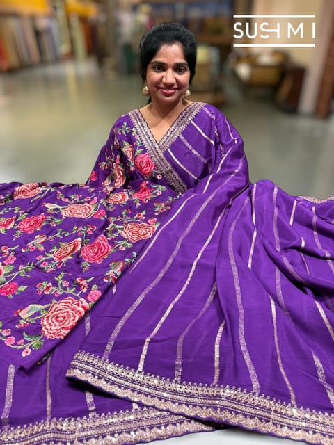 Purple Banarasi Chiffon Saree with Heavy Embroidered Blouse