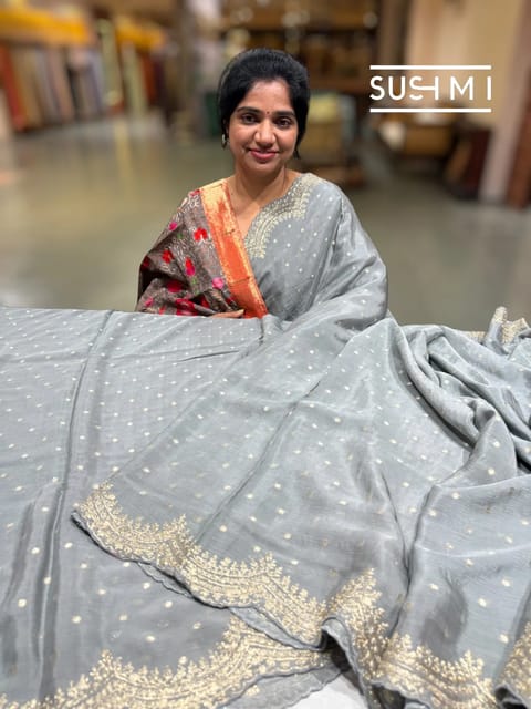 Grey Banarasi Chiffon Saree with Polka Dot Zari