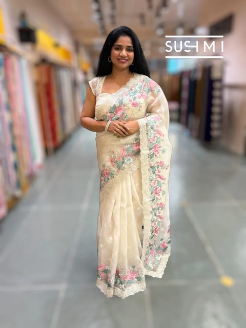 Ivory Colour Organza Saree with Embroidery