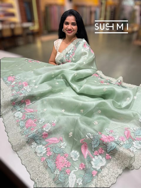 Sage Green Pure Organza Saree with Embroidery