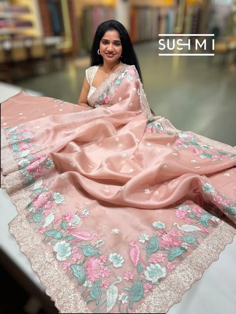 Onion Pink Pure Organza Saree with Embroidery