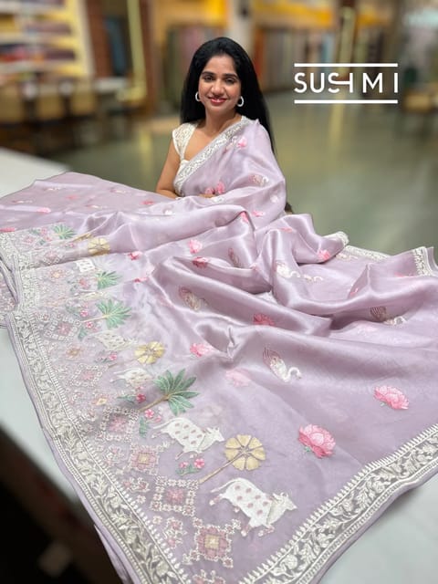 Lilac Pure Organza Saree with Pichwai Skirt Border Embroidery