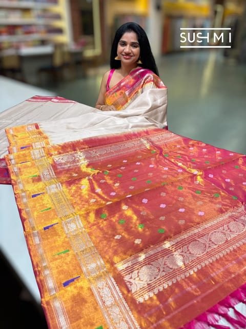 Dusty Beige Gadwal Silk Saree with Paithani Tissue Border
