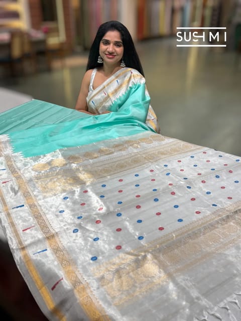 Seagreen Gadwal Silksaree with Silver Paithani Tissue Single Muniya Border