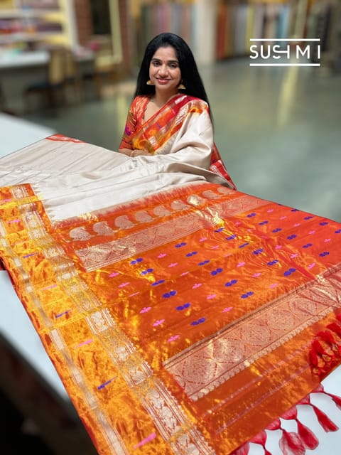 Dusty Beige Gadwal Silk Saree with Single Muniya Paithani Tissue Border