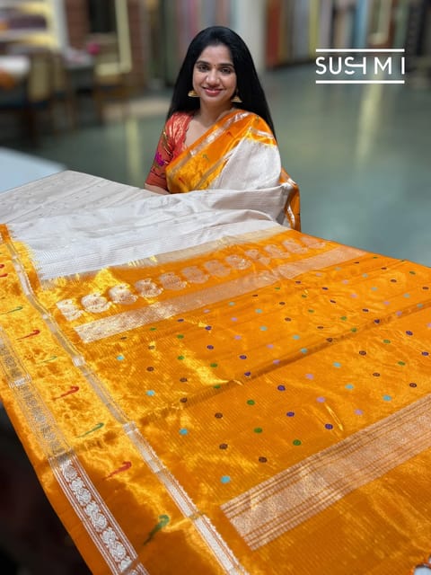 Ivory Gadwal Silk Saree with Single Muniya Paithani Tissue Border