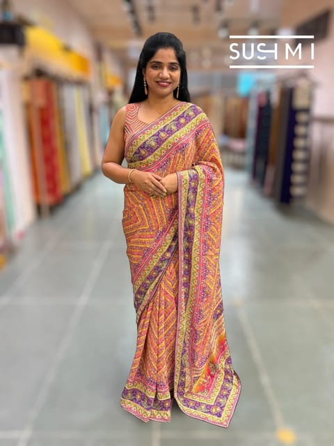 Printed Crepe Saree with Handwork