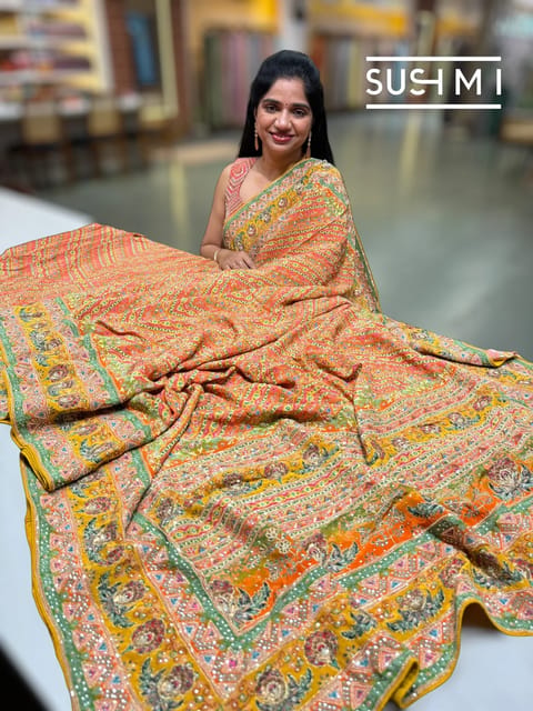 Multi Colour Designer Crepe Printed Saree with Handwork
