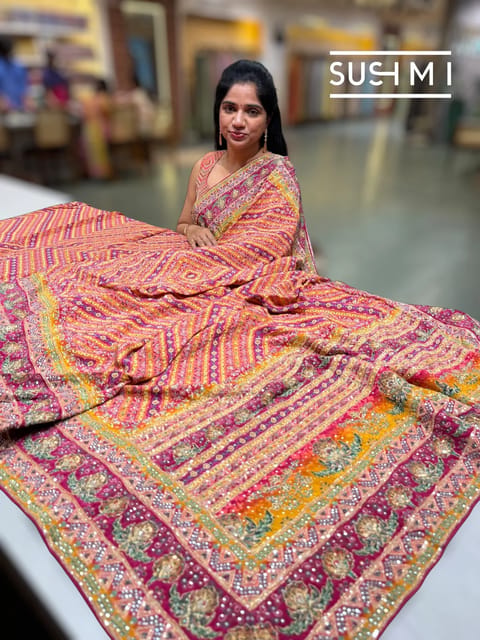 Multi Colour Designer Crepe Silk Saree with Handwork