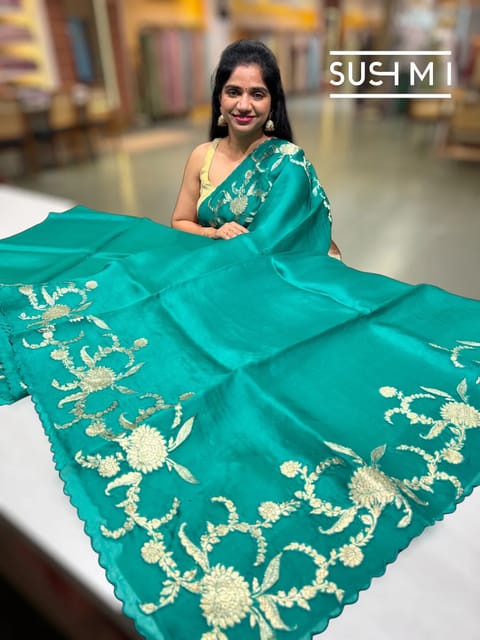Emerald Green Organza Saree with Banarasi Brocade Applique Work