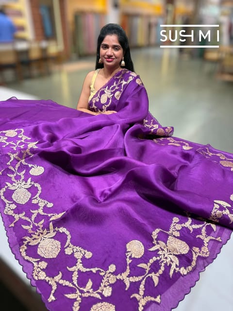 Purple Pure Organza Saree with Banarasi Brocade Applique Work