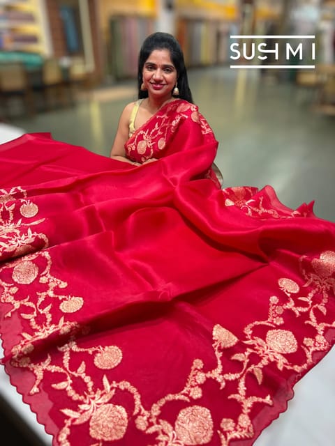 Red Pure Organza Saree with Banarasi Brocade Applique Work