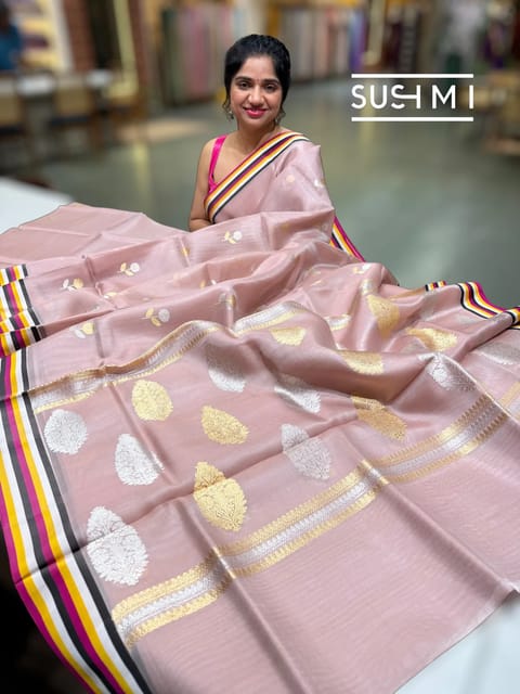 Nude Pink Kora Banarasi Saree with Multi-Colour Striped Silk Borders