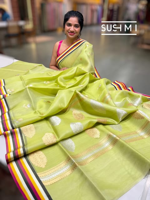 Apple Green Kora Banarasi Saree with Multi-Colour Striped Silk Borders