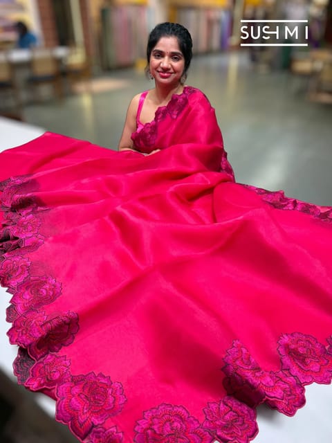 Dark Pink Organza Saree with Cutwork Embroidered Flower Border