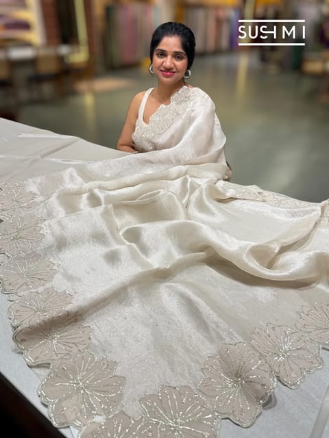 Silver Tissue with Floral Cutwork Gota Patti Embroidered Border