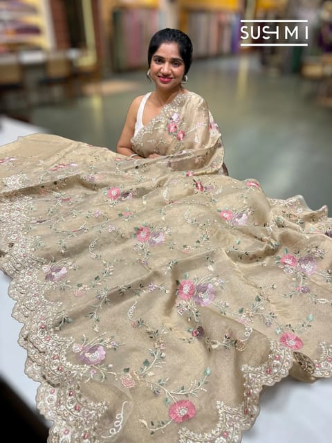 Light Antique Gold Banarasi Tissue with Allover Embroidery