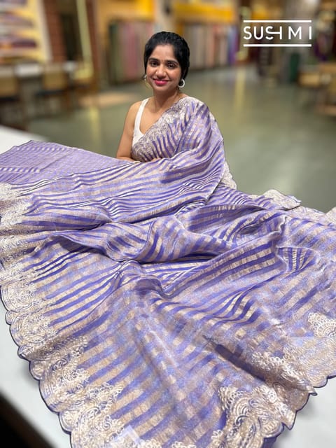 Tissue Stripes Saree with Heavy Embroidered Border and Blouse