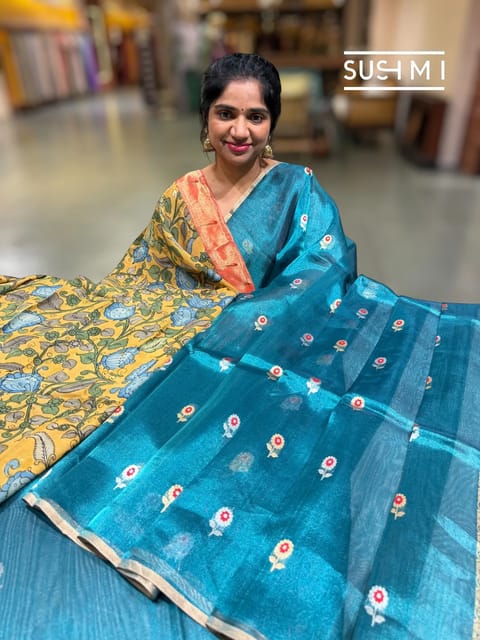 Peacock Blue Banarasi Tissue with Fusion Blouse
