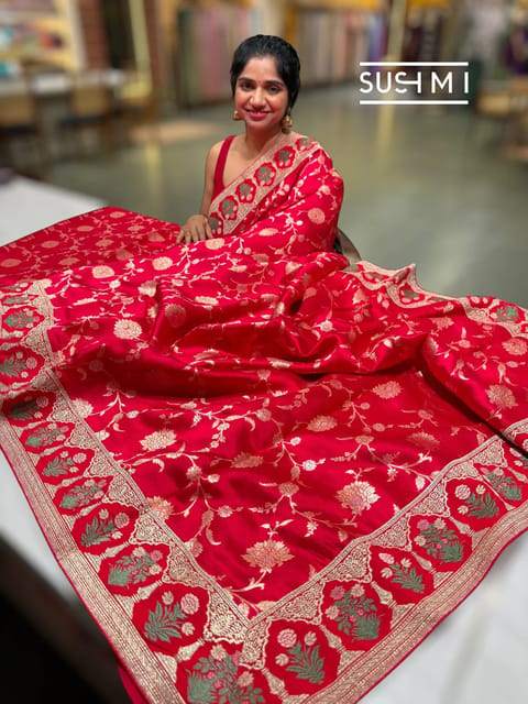 Red Banarasi Silk Saree with Statement Borders