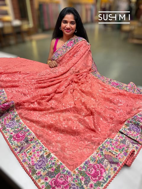 Coral Peach Chantilly Lace Saree with Petite Point Embroidered Border