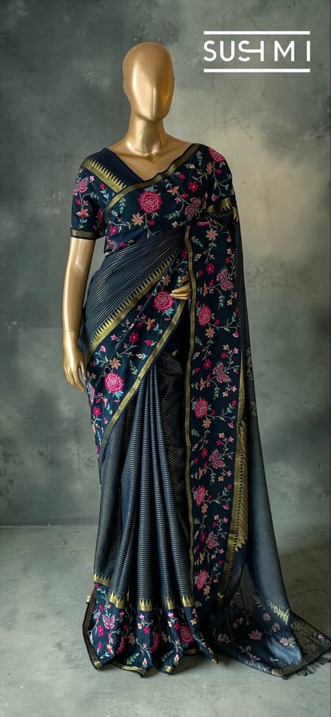 Forest Green Kanjeevaram Silk Saree with Petitepoint Embroidery