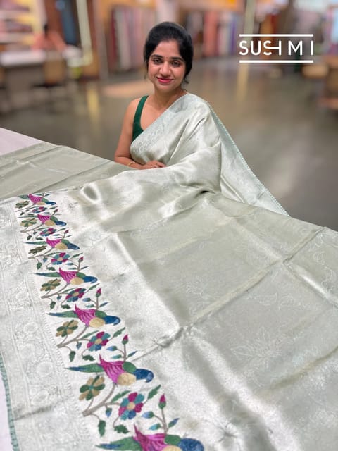 Mint Blue Banarasi Tissue Tonchoi Saree with Paithani Inspired Embroidery