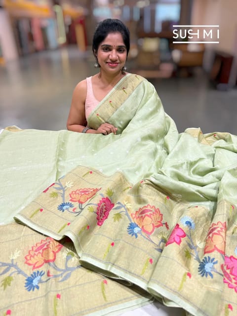 Pista Handloom Munga Tussar Saree with Embroidery
