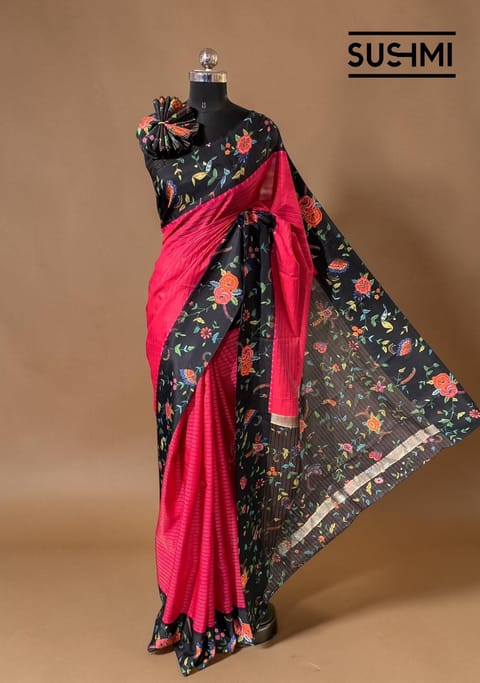 Reddish Pink Kanchi Soft Silk Saree with Floral Printed Border and Pallu