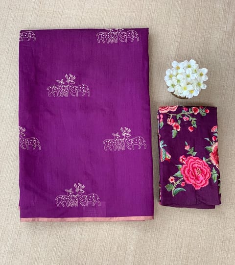 Purple Handloom Munga Tussar Saree with Embroidery and Heavy Blouse