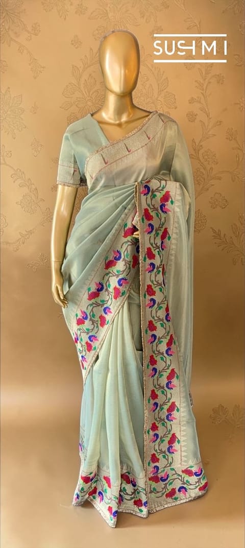 Mint Banarasi Kora Jacquard Weaving Saree with Paithani Inspired Embroidery