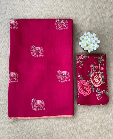 Ruby Pink Munga Tussar Saree with Embroidery and Heavy Blouse
