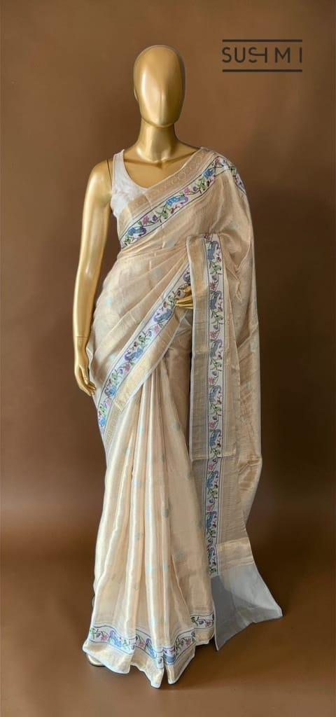 Light Gold Kota Brocade Saree with Embroidery