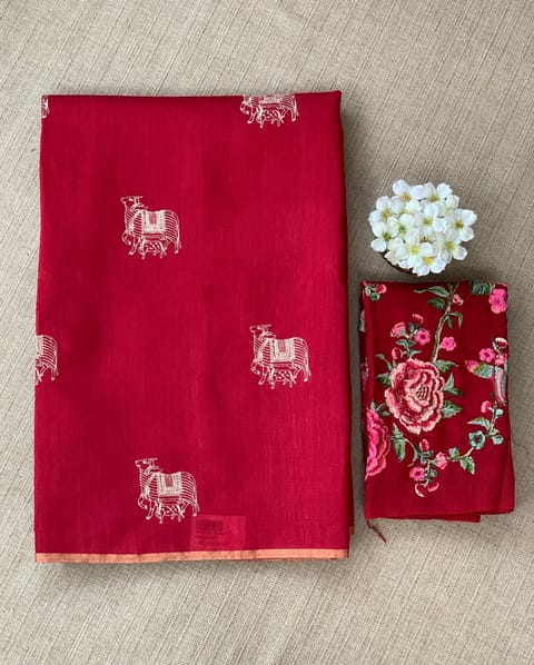 Red Handloom Munga Tussar Saree with Embroidery and Heavy Blouse