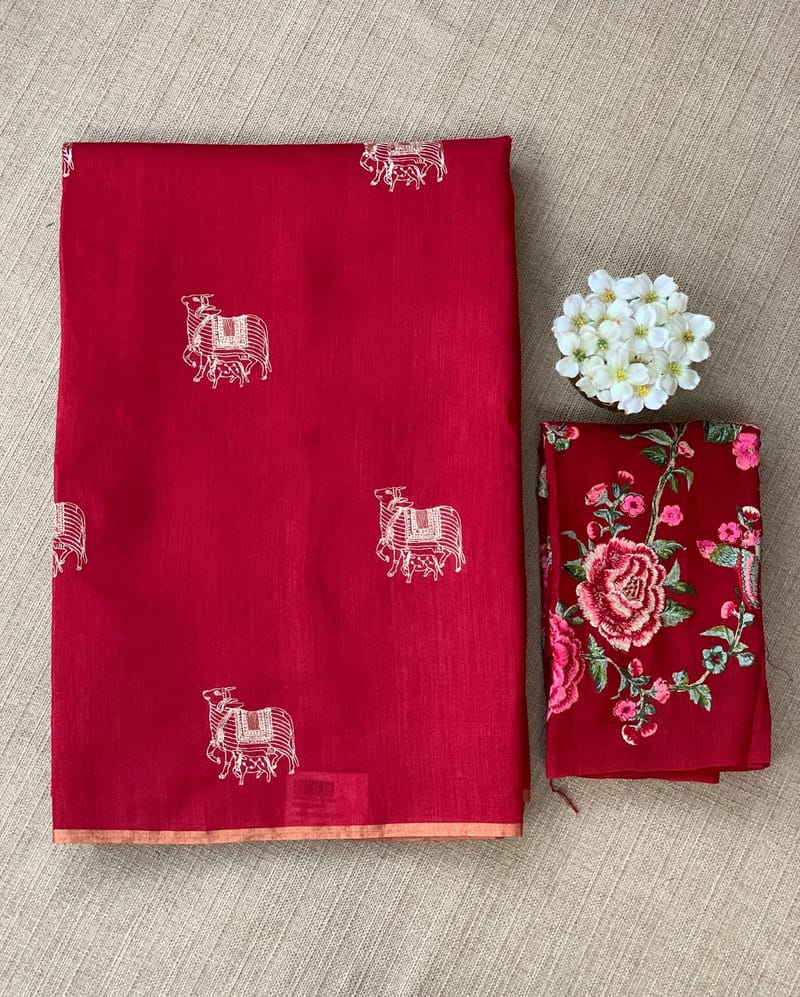 Red handloom Munga Tussar Saree with embroidery and heavy blouse