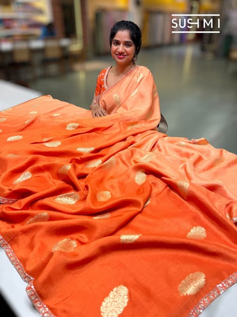 Ombre-Dyed Orange Banarasi Silk Saree with Handwork Border and Blouse