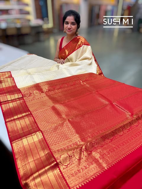 Ivory and Chilli Red Brocade Kanjeevaram Saree