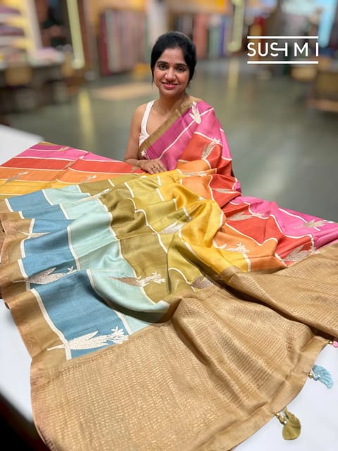 Multi-Colour Rangkat Tussar Saree with Tulip Embroidery