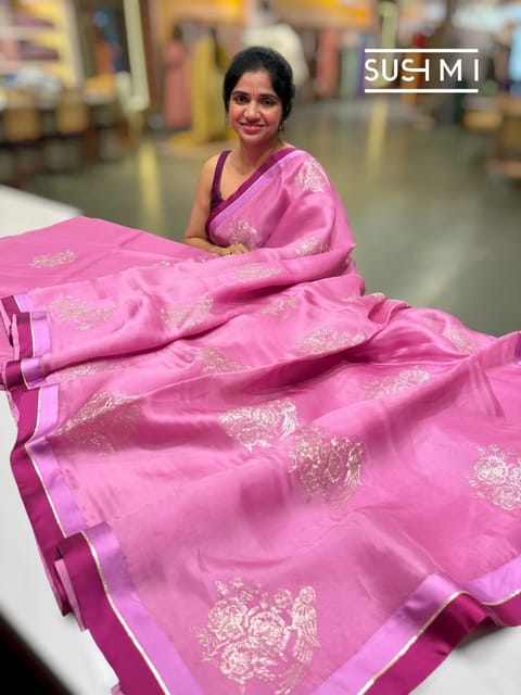 Rose Pink Pure Organza Saree with Pita Embroidery