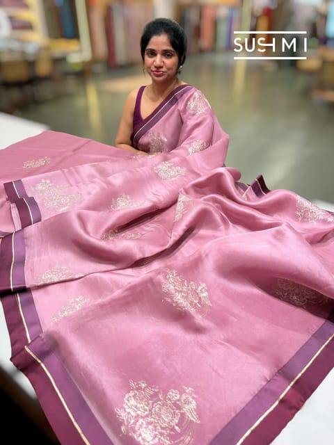 Onion Pink Pure Organza Saree with Pita Embroidery