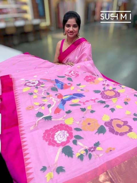 Candy Pink Ponduru Khadi Jamdani Saree