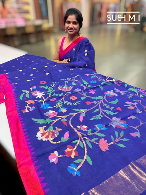 Royal Blue Pure Handloom Ponduru Khadi Jamdani Saree