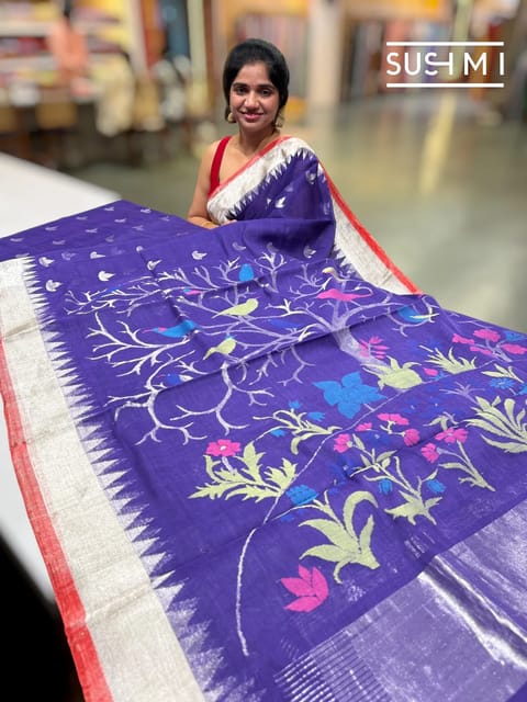 Violet Handloom Ponduru Khadi Jamdani Saree with Silver Tissue Border