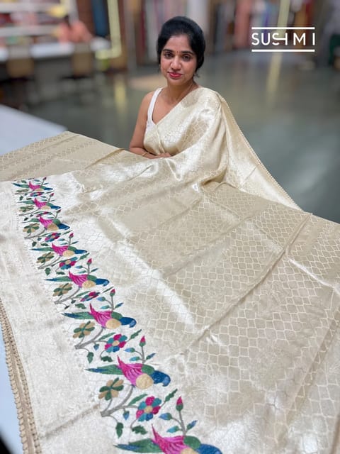 Beige Banarasi Tissue Tonchoi Saree with Paithani Inspired Embroidery